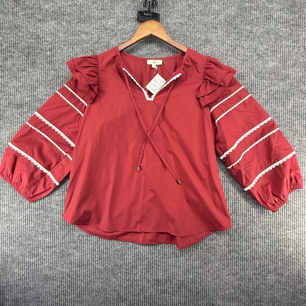 Entro Blouse Womens Large Burgundy New Ruffle Sleeve Lace Trim Boho Top T25399